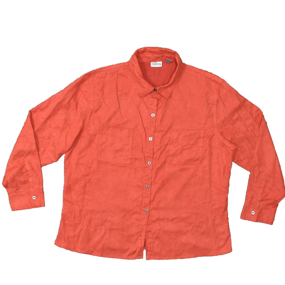 Chico's Women's Size 3 Button Up Long Sleeve Orange Solid Polyester Collared - Picture 1 of 7